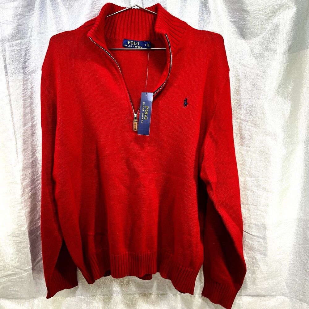 Vintage Polo Ralph Lauren Men's Sweater Size L Red 1/4 Zip Pullover 100% Cotton